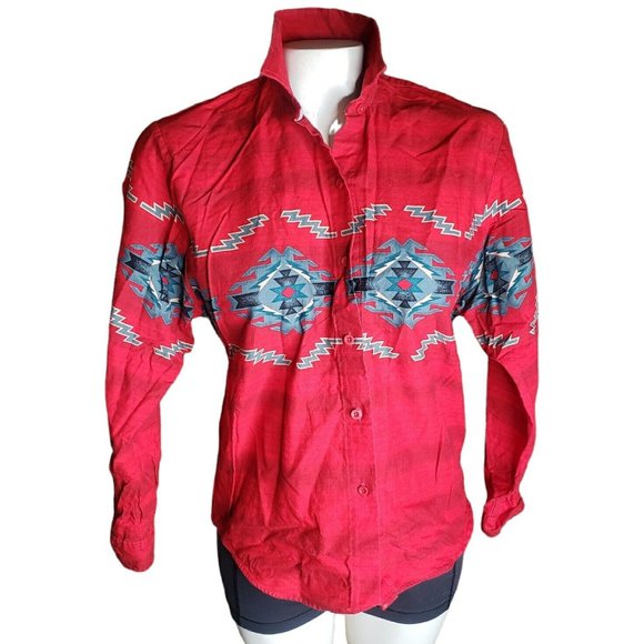 EUC Roper Western Shirt - Aztec Symbols on Muted Red Stripes - Women Size Small - Picture 1 of 9